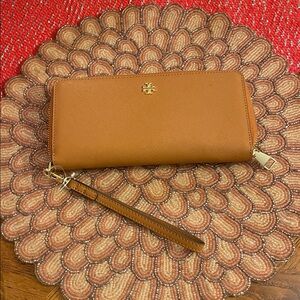 Tory Burch Tan Leather Wristlet with Gold Accent